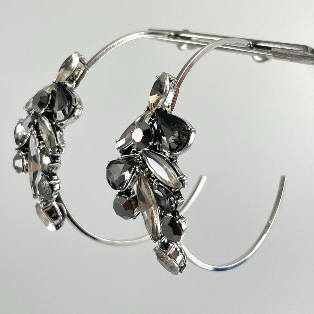 Silver Tone Black White Glass Rhinestone Marquise Cut Hoop Earrings Bling Boho